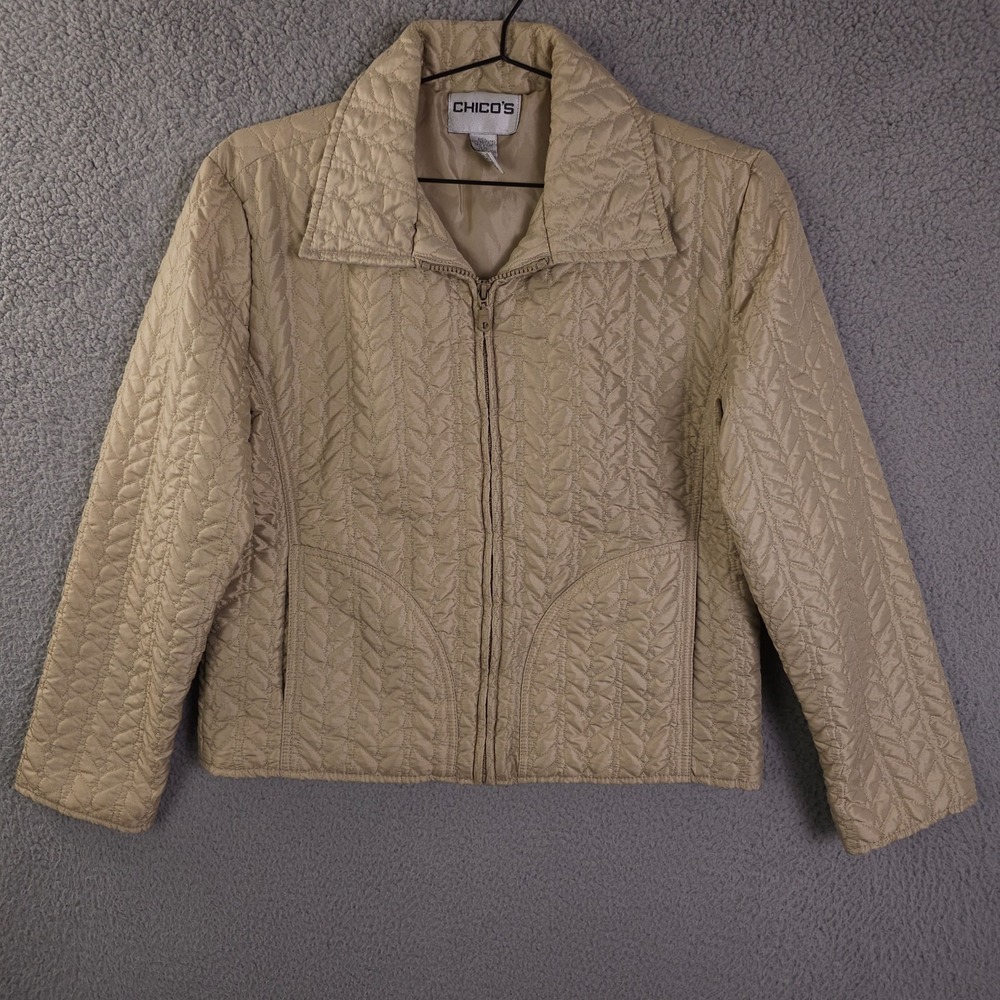 Vintage Chicos Jacket Women 1 US Medium Gold Shimmer Quilted Full Zip Coat Lined